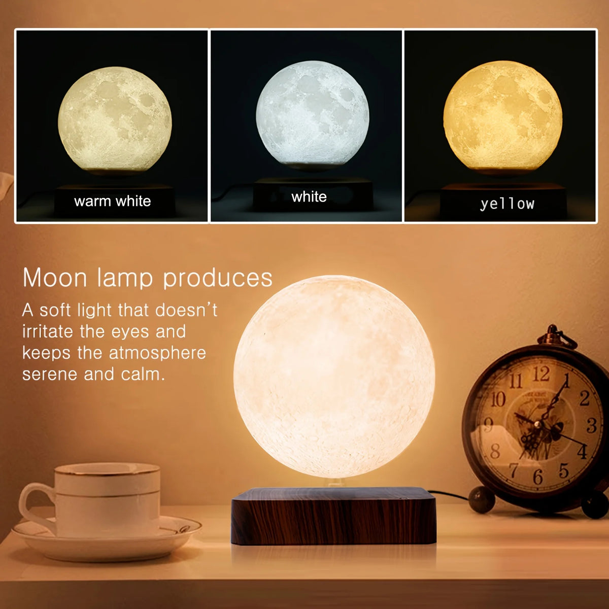 Magnetic Floating Rotating Moon Lamp with Wooden Base,