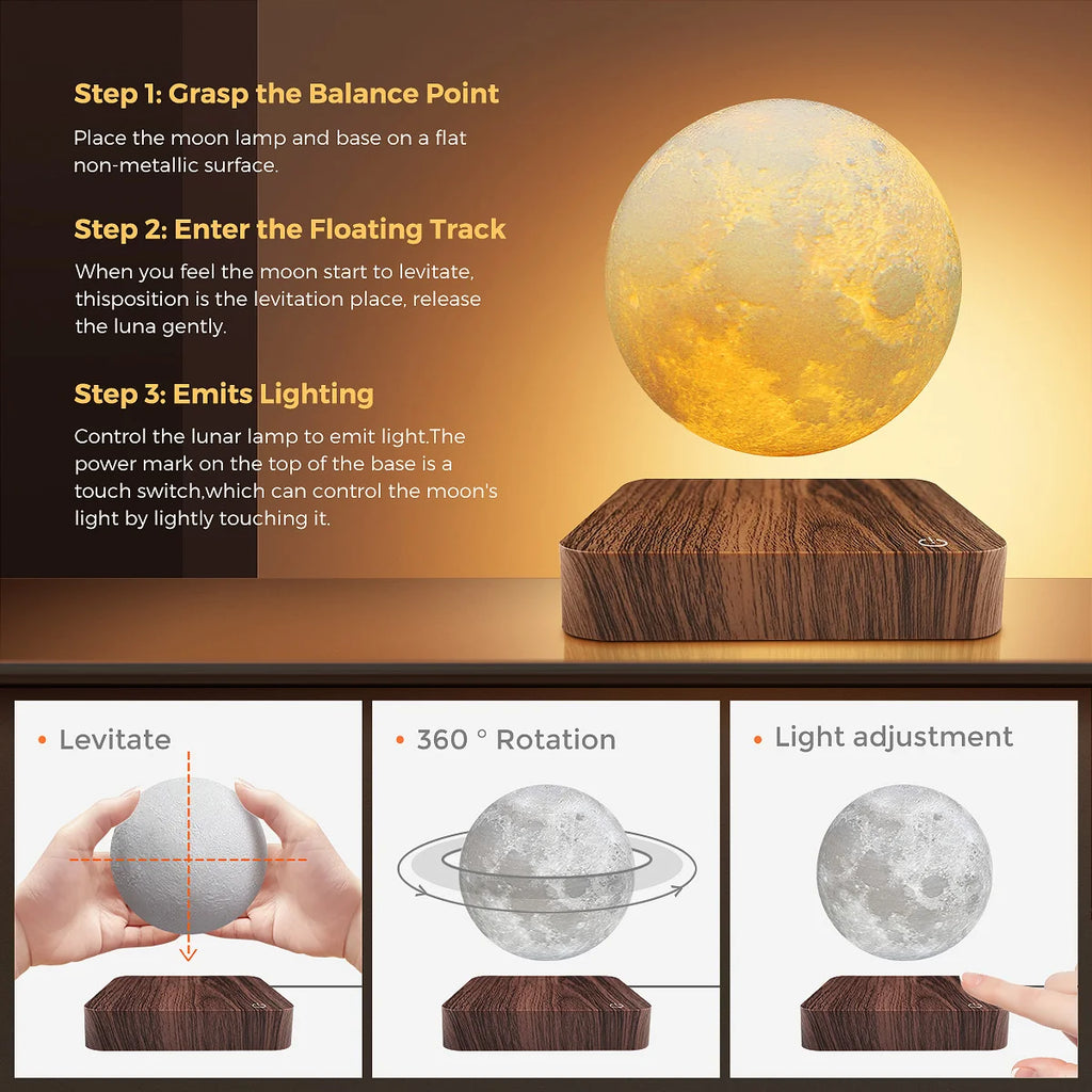 Magnetic Floating Rotating Moon Lamp with Wooden Base,