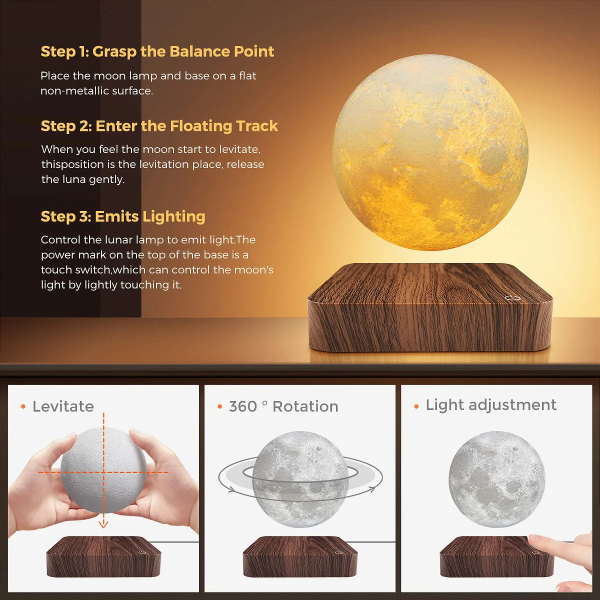 Magnetic Floating Rotating Moon Lamp with Wooden Base,